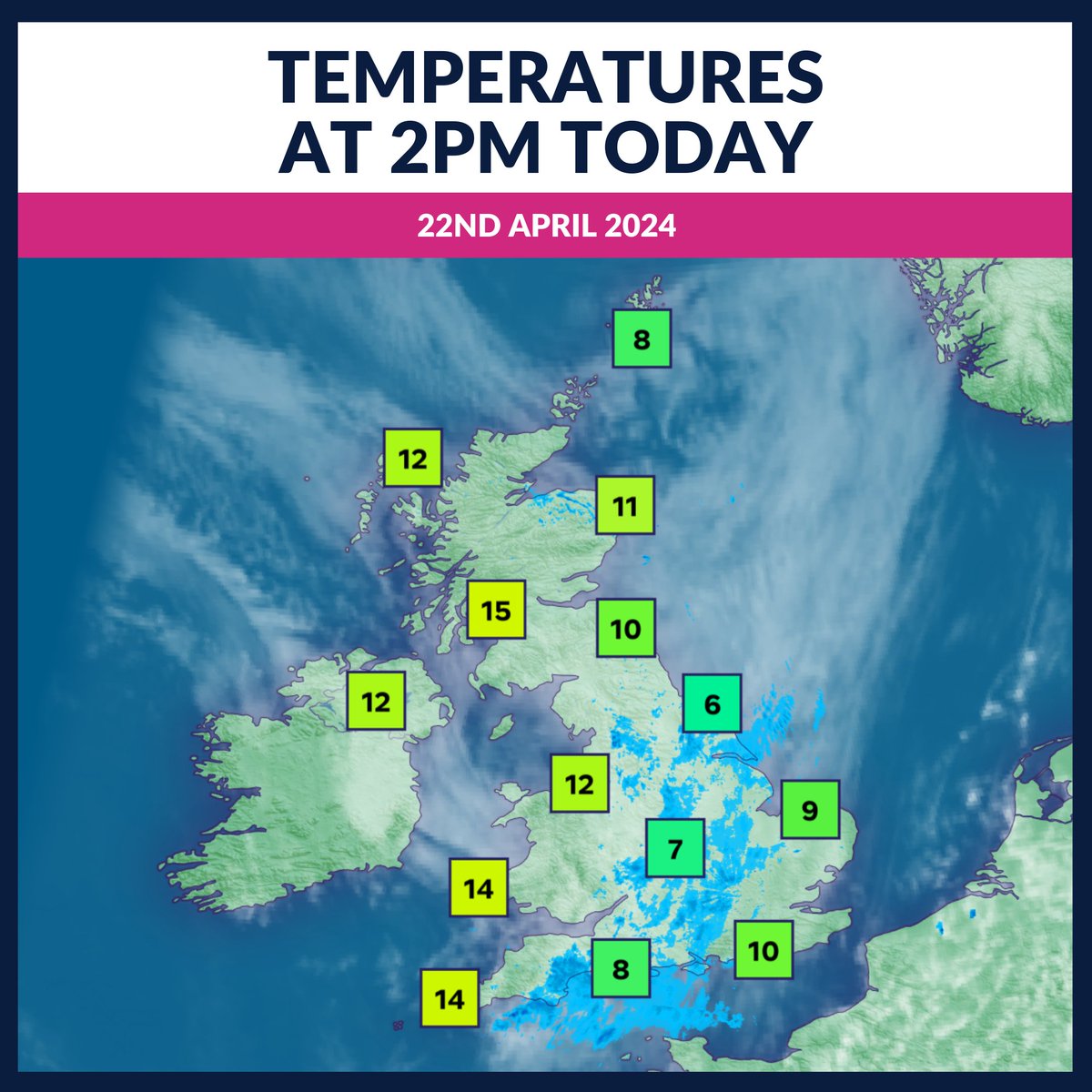 Having the sunshine makes all the difference at this time of year. In the sunshine in the west, temperatures are in the mid teens. Under the cloud and rain in the east, temperatures are stuck in single figures - around 5 to 7C below average for April.