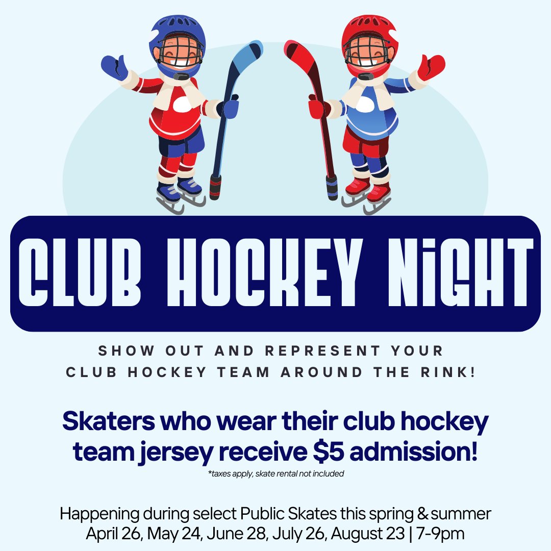 The first Club Hockey Night of spring is this Friday! Wear your team jersey to receive $5 admission into the Public Skate happening 7-9pm🤩