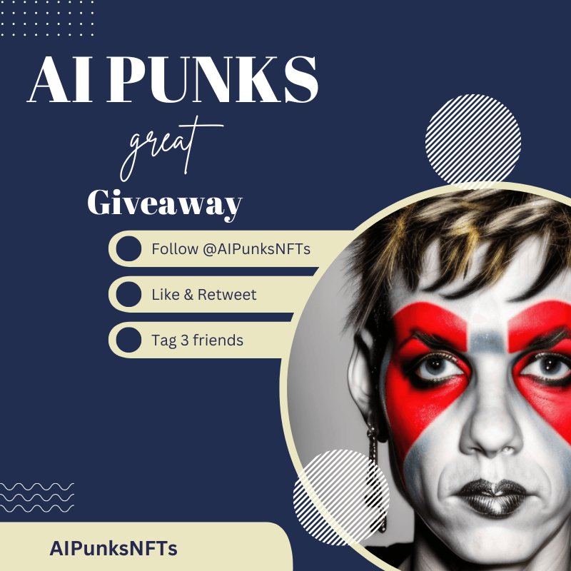 🎁 we're giving away 3 incredible #AIPunks #NFTs just, like last weeks! 
To enter:
1️⃣ Follow @AIPunksNFTs
2️⃣ Like & Retweet 
3️⃣ Tag 3 friends 
 We'll announce the lucky winners on 29 April

#NFTGiveaway #Polygon #NFTCommunity #nft
#Giveaway #Airdrop #Trader #crypto #cryptomarket