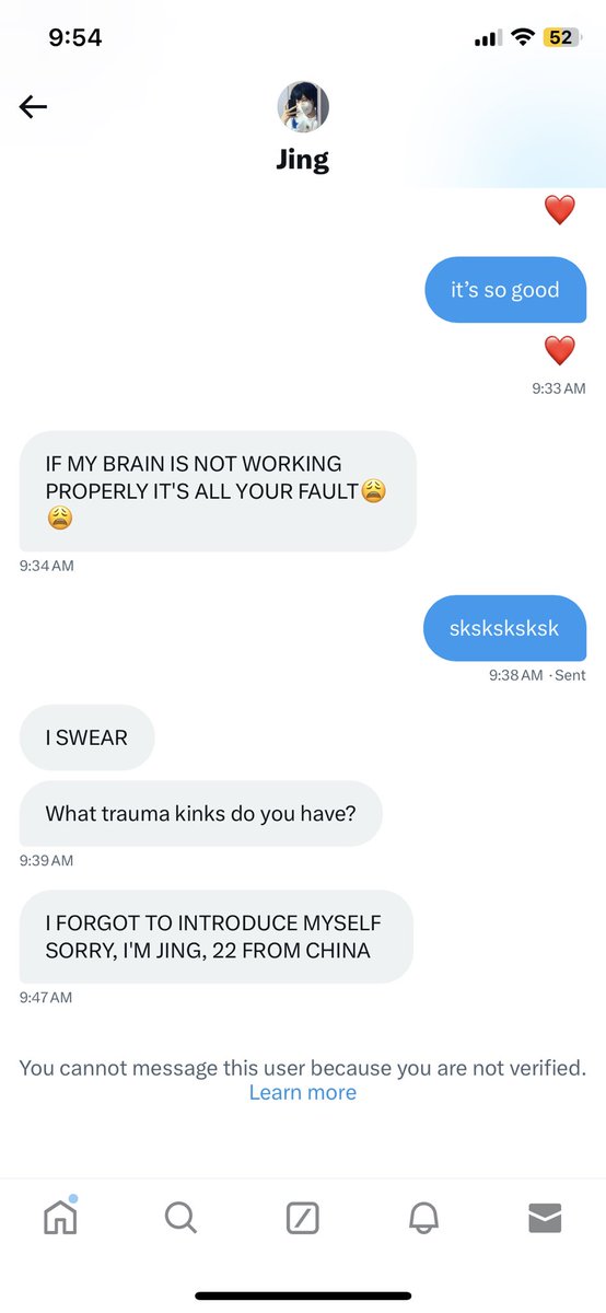 pro tip: if you msg someone for the first time less than 12hrs prior, don’t fucking act like this.

*especially* don’t ask people what their trauma is, ever, unless they want to tell you. that’s fucked up.

i sent 18 messages before blocking them, half were just half-assed laughs
