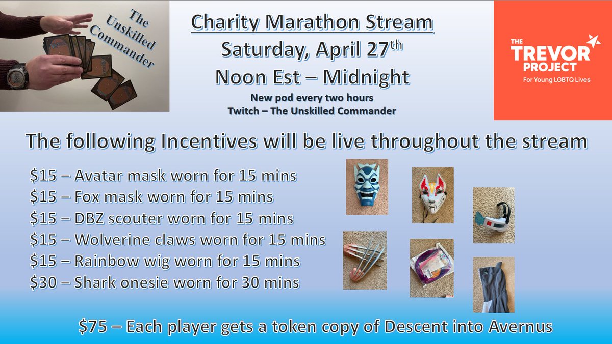 THIS SATURDAY! my very first Charity Marathon on @Twitch with amazing guests playing MTG @wizards_magic for The Trevor Project. starting noon est until midnight. Stop by and hang out. please share across social media! Guests tagged in comments, follow them!