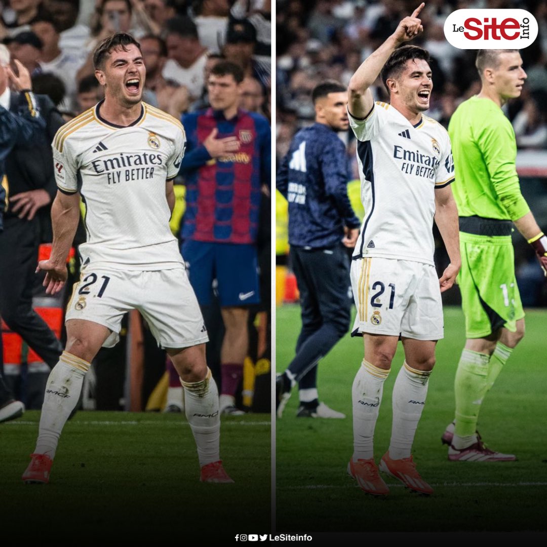 L’immense joie de l’international marocain Brahim Díaz 🇲🇦 après la victoire du Real Madrid face au FC Barcelone 🇪🇸 lors du Classico.