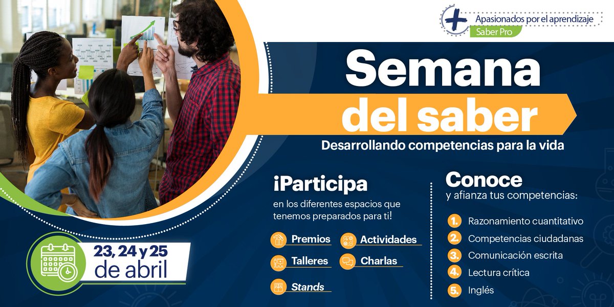 Del 23 al 25 de abril, únete a la Semana del Saber y sumérgete en un mundo de aprendizaje, diversión y premios. Descubre cómo puedes desarrollar competencias clave para el éxito en la prueba Saber Pro. ¡Fortalece tus habilidades y conquista nuevos desafíos!