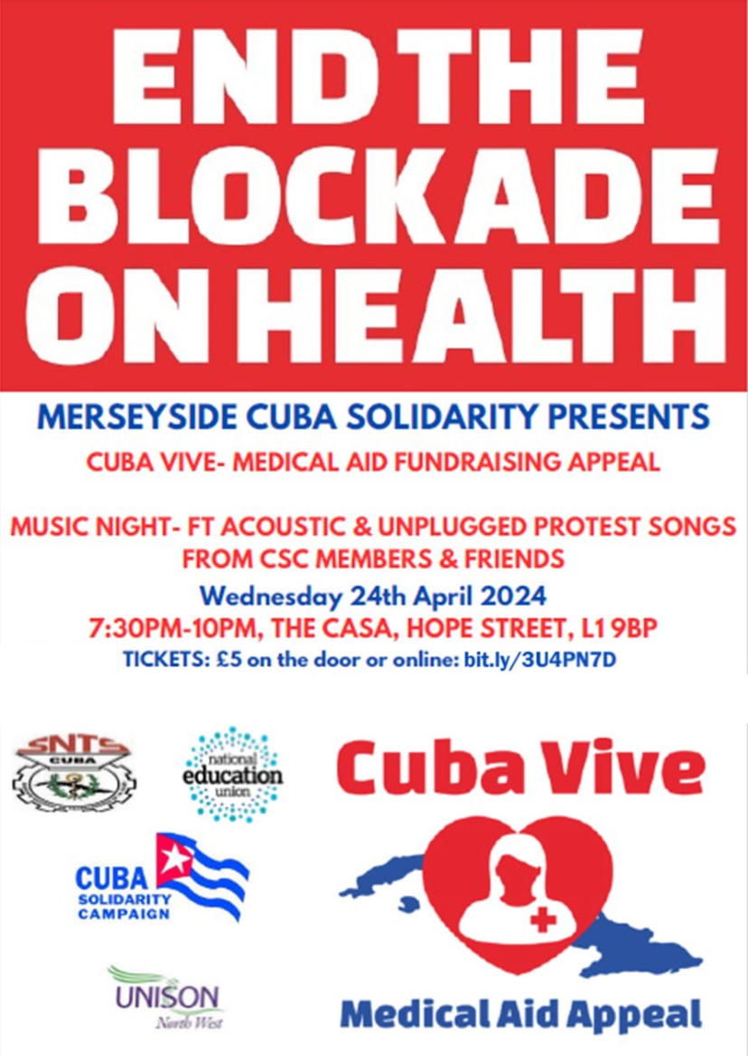 🙌🏿 This week! 🚨 ❤️‍🩹Cuba Vive - medical aid fundraiser 📌The Casa, Hope St, Liverpool 📅Wednesday 24 April ⌛️7:30pm Merseyside CSC 🇨🇺presents a night of 🎶acoustic music & ✊🏿protest songs in aid of the Cuba Vive appeal. Tickets on the door, or online 👇🏿 bit.ly/3U4PN7D