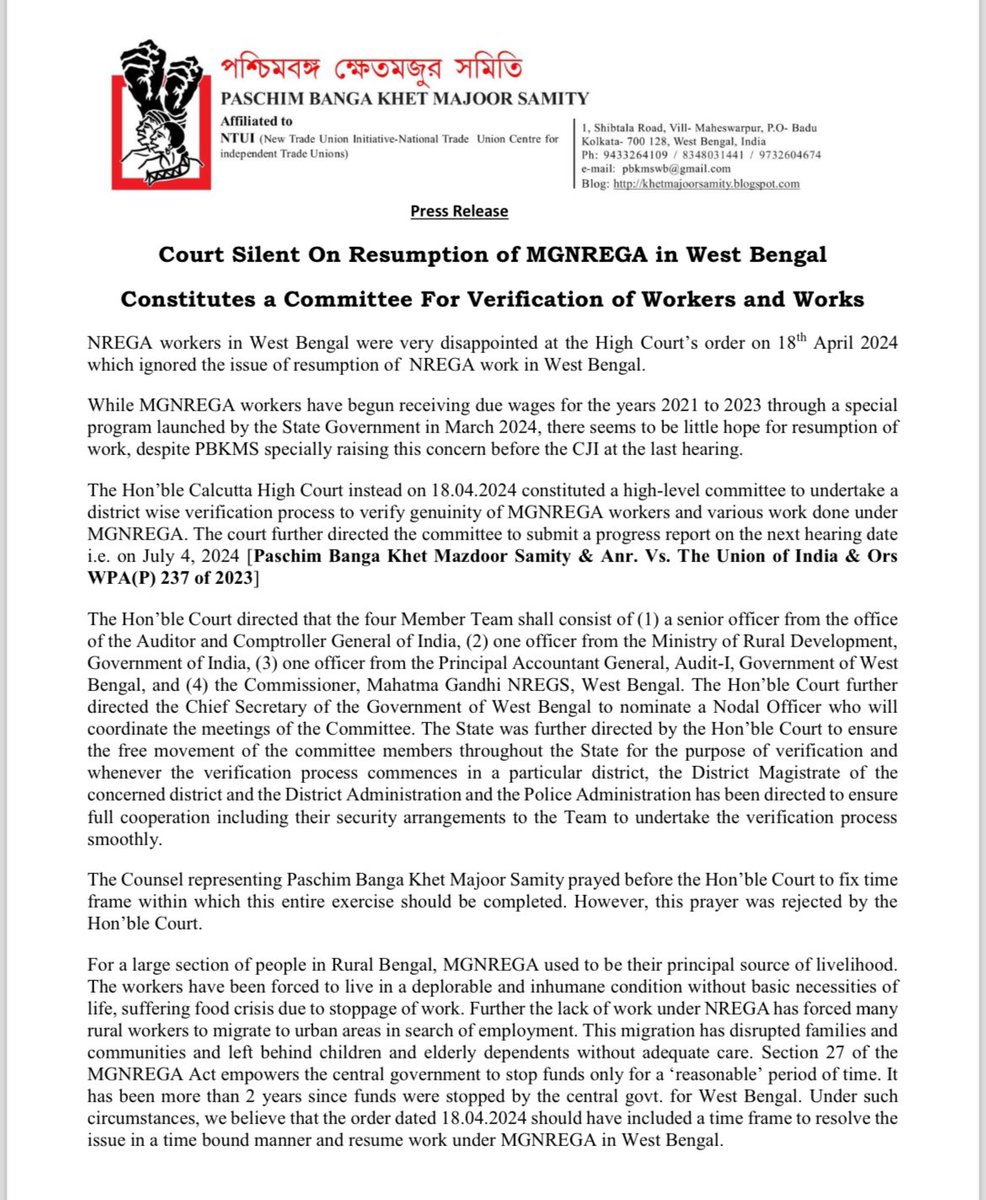 NREGA Sangharsh (@nrega_sangharsh) on Twitter photo Sec 27 of the NREG Act empowers the GoI to stop funds only for a ‘reasonable’ period. The April 18 order by the Hon’ble HC of West Bengal gives no hope for resumption of work in West Bengal even after 2 yrs since funds were stopped by the GoI.
<a href="/PBKMS_/">Paschim Banga Khet Majoor Samity</a> <a href="/rozi_roti/">Right to Food, India</a> <a href="/rtf_westbengal/">Right To Food & Work Campaign, West Bengal</a> Sec 27 of the NREG Act empowers the GoI to stop funds only for a ‘reasonable’ period. The April 18 order by the Hon’ble HC of West Bengal gives no hope for resumption of work in West Bengal even after 2 yrs since funds were stopped by the GoI.
<a href="/PBKMS_/">Paschim Banga Khet Majoor Samity</a> <a href="/rozi_roti/">Right to Food, India</a> <a href="/rtf_westbengal/">Right To Food & Work Campaign, West Bengal</a>