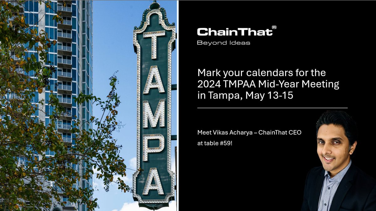 Chain_That's tweet image. Program Administrators, Insurers and MGAs, mark your calendars for the 2024 TMPAA Mid-Year Meeting in Tampa, May 13-15! 📷
📍 Visit us at table #59 to discover our Beyond Policy Administration® (BPA) platform.
#ChainThat #TMPAA2024 #insurance #innovation #PAS #BPA