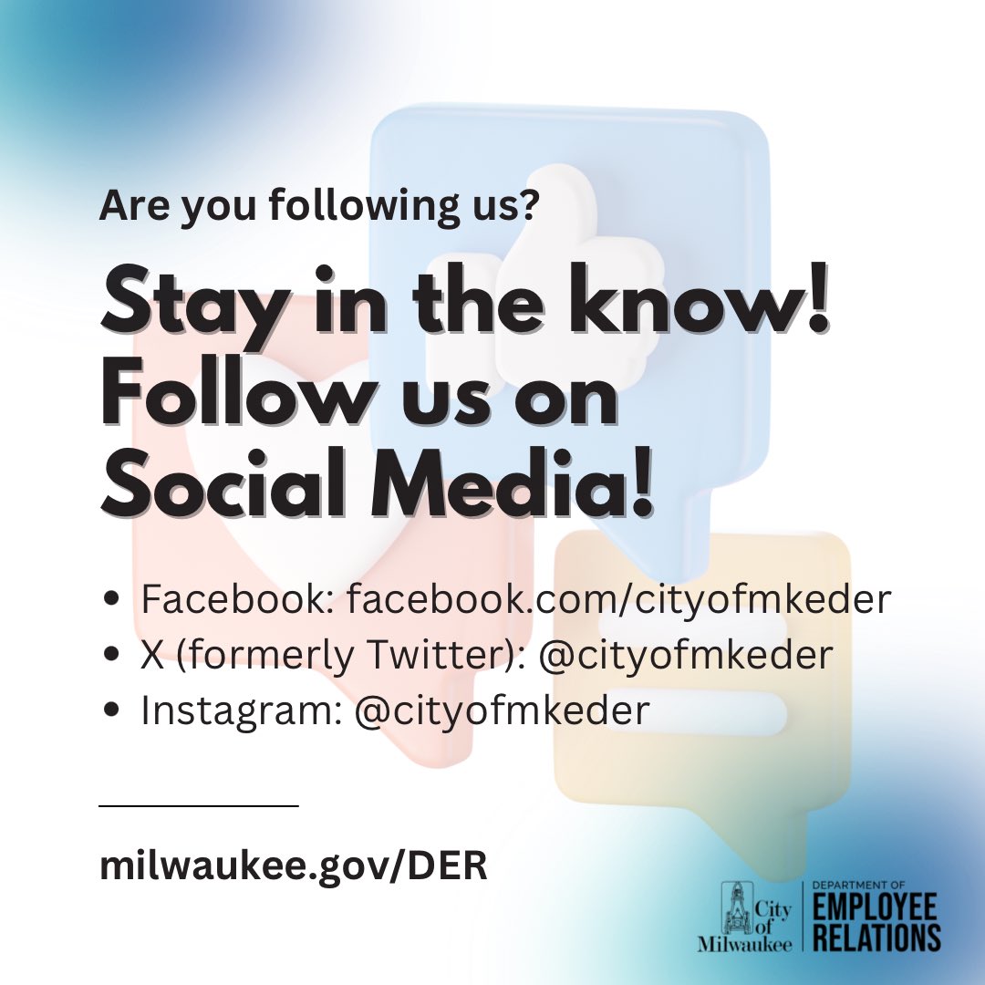 Want to know about new job opportunities with the @cityofmilwaukee? Make sure to follow us on social media! Learn about openings, transfer/promotional opportunities, benefits, and more! 

See you on the web! 

#Milwaukee #JobAlert #job #JobOpening