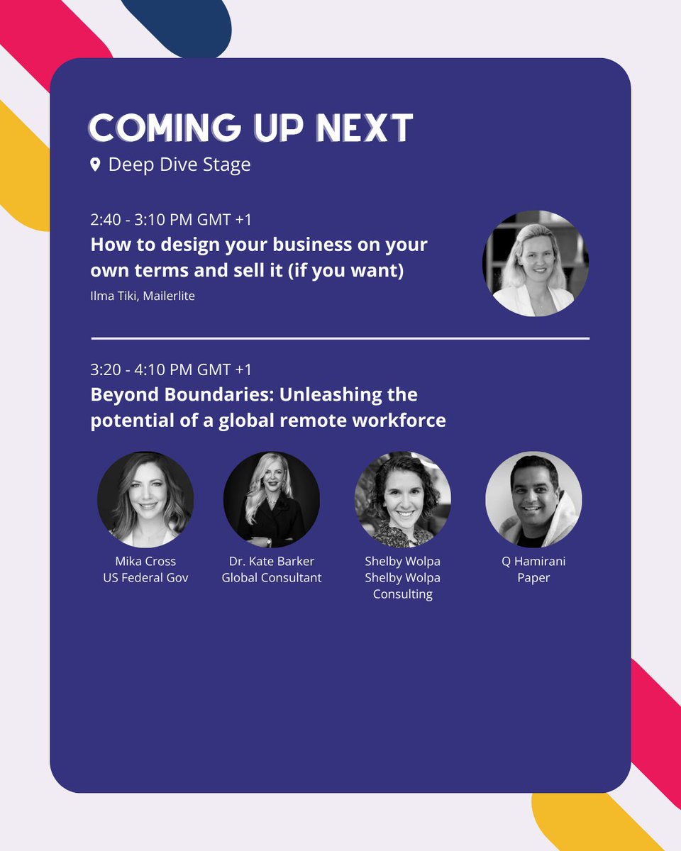 And on the Deep Dive stage ... 🧠 How to design your business on your own terms and sell it (if you want): Ilma Tiki 🧠 Panel: Unleashing the potential of a global remote workforce: @mika_cross, Dr. Kate Barker, @SWolpa, and @qhamirani Join here: runningremote.com/virtual-venue/ #RR2024
