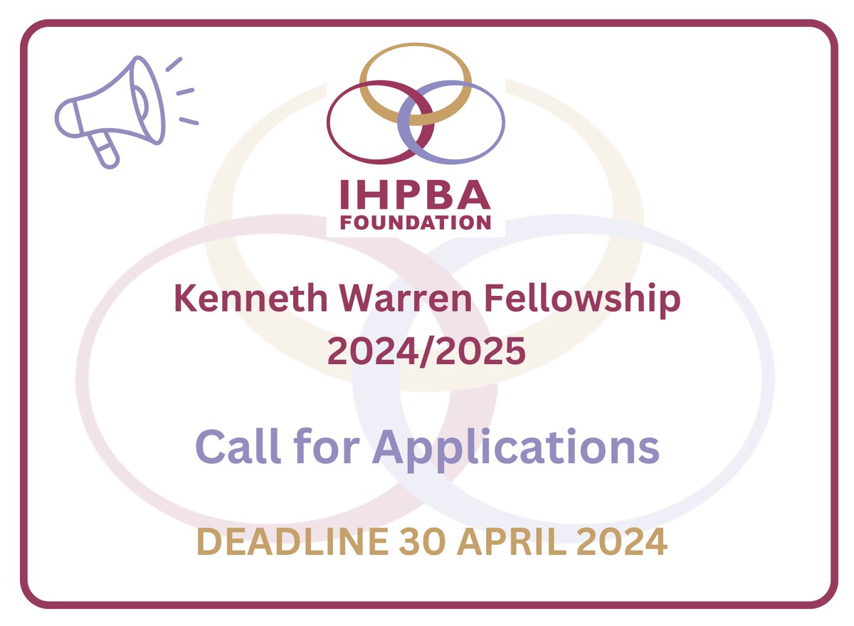 📢Reminder to apply for the 2024-2025 Kenneth Warren Fellowship: 2 fellowships of $55,000 over 12 months to outstanding young investigators promoting collaborative scientific discovery in #HPBsurgery DEADLINE IS APPROACHING🗓️ 30 Apr 2024🗓️. For full info: ihpba.org/49_Warren-Fell…