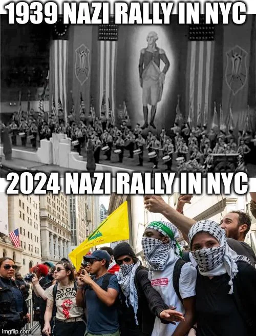 ImtiazMadmood's tweet photo. The Nazis lost their fashion style. No more Hugo Boss designs. The pro-Hamas/pro-Palestine should reintroduce the drums, for more circus effect.

Bam! Kapow! When 1930s Jewish mobsters beat up Nazis in the streets of America

A new book, “Gangsters vs. Nazis: How Jewish Mobsters Battled Nazis in Wartime America,” tells the fascinating story of how Perlman secretly directed an army led by Jewish gangsters across the United States in a successful yearlong campaign to squelch two key American Nazi organizations, the Bund and the Silver Legion (better known as the Silver Shirts).

What they did actually worked and drove the Nazis back underground.

“It wasn’t the numbers of American Nazis] that really upset Judge Perlman as much as it was the brazen way they behaved. It never occurred to them that they would encounter resistance. They assumed Jews were soft and would be afraid to fight back,” Benson said.

It seems the Jew-haters are making the same assumption today.