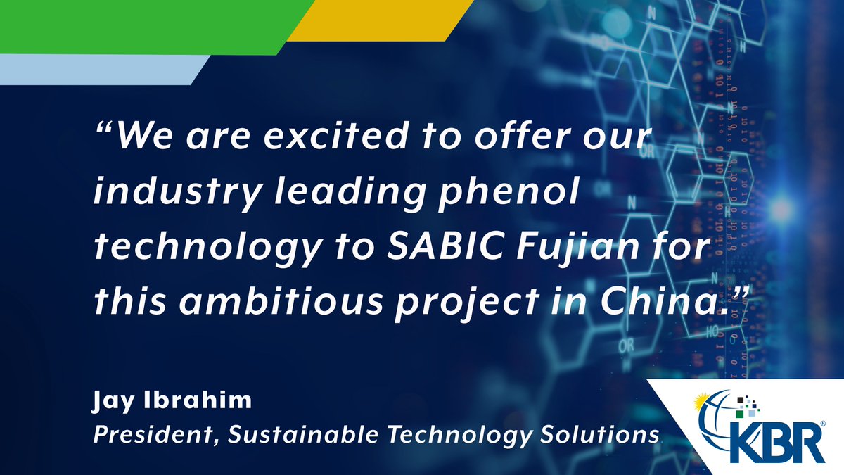 #KBR has been awarded a contract by SABIC Fujian Petrochemicals to license KBR's market-leading phenol technology in China. KBR's phenol technology offers a sustainable and differentiated solution through reduced energy consumption and improved yields. Learn more »…