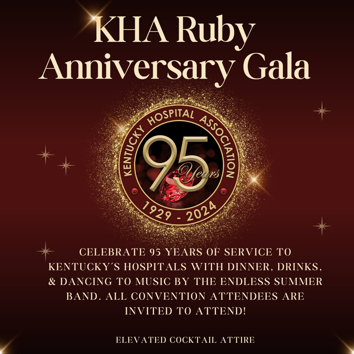 KHA 95th Annual Convention attendees are invited to celebrate our 95 years of service to Kentucky's hospitals at the Ruby Anniversary Gala on May 21 in Lexington! Enjoy dinner, drinks, & dancing at this can't miss event! kyha.com/education-hub/…