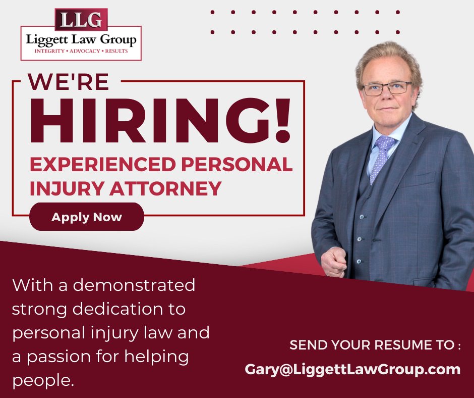 Liggett Law Group is #NowHiring an experienced personal injury attorney to join our growing practice. Our #LawFirm is award-winning, with over 70 years of combined jury trial experience. #TexasJobs

Please email your resume to Gary@LiggettLawGroup.com