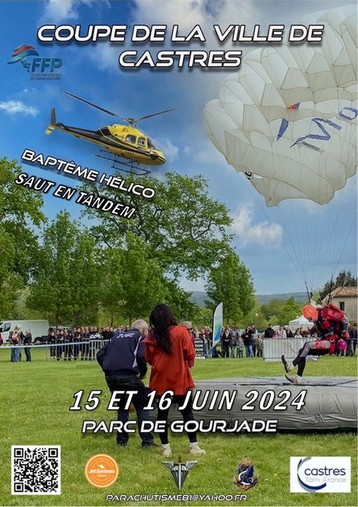 Parachutisme 81 organise un événement à Gourjade le 15/16 juin 2024. Il sera possible d'effectuer des baptêmes en hélicoptère,(…) des sauts en parachute tandem, etc. Flashez le QR code pour les renseignements: TEL: 0771237974