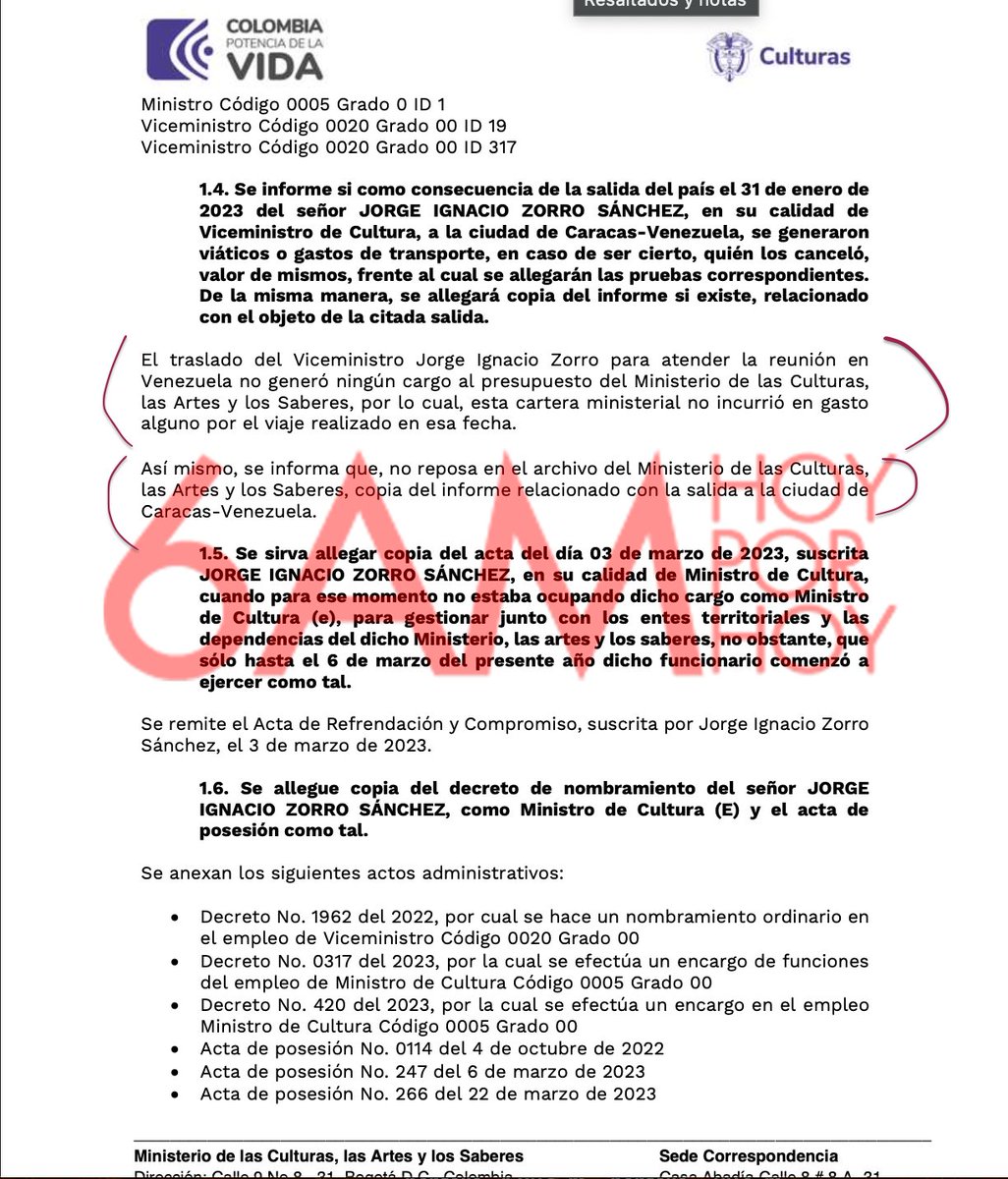 Está enredado el viceministro @mincultura Jorge Zorro. El ministerio, en este oficio al que accedió @CaracolRadio, dice a @PGN_COL que Zorro viajó a Caracas SIN permiso de su superior, y que no saben quién le pagó los gastos. Esta es una falta disciplinaria grave. 👇