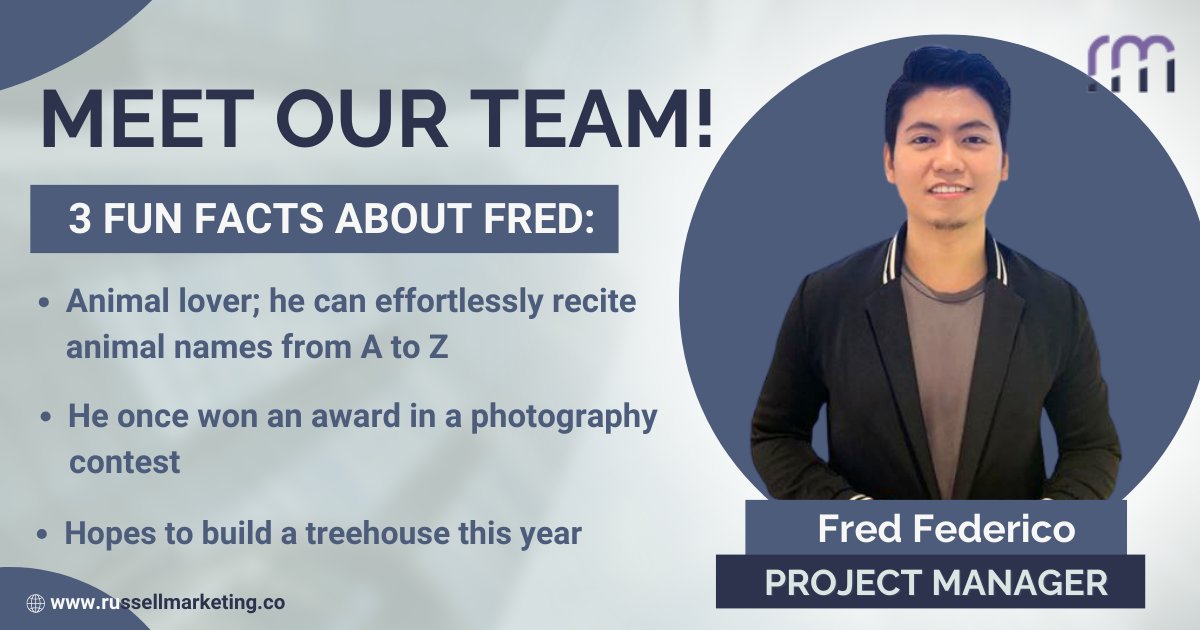 Meet the Members of Russell Marketing! 🚀

Fred Federico is our Project Manager. 💕

Read the thread to get to know Fred with our fast Q&A!

Visit our website to see the rest of our team!

russellmarketing.co/#team

#russellmarketing #meettheteam #ourteam #teamintroduction