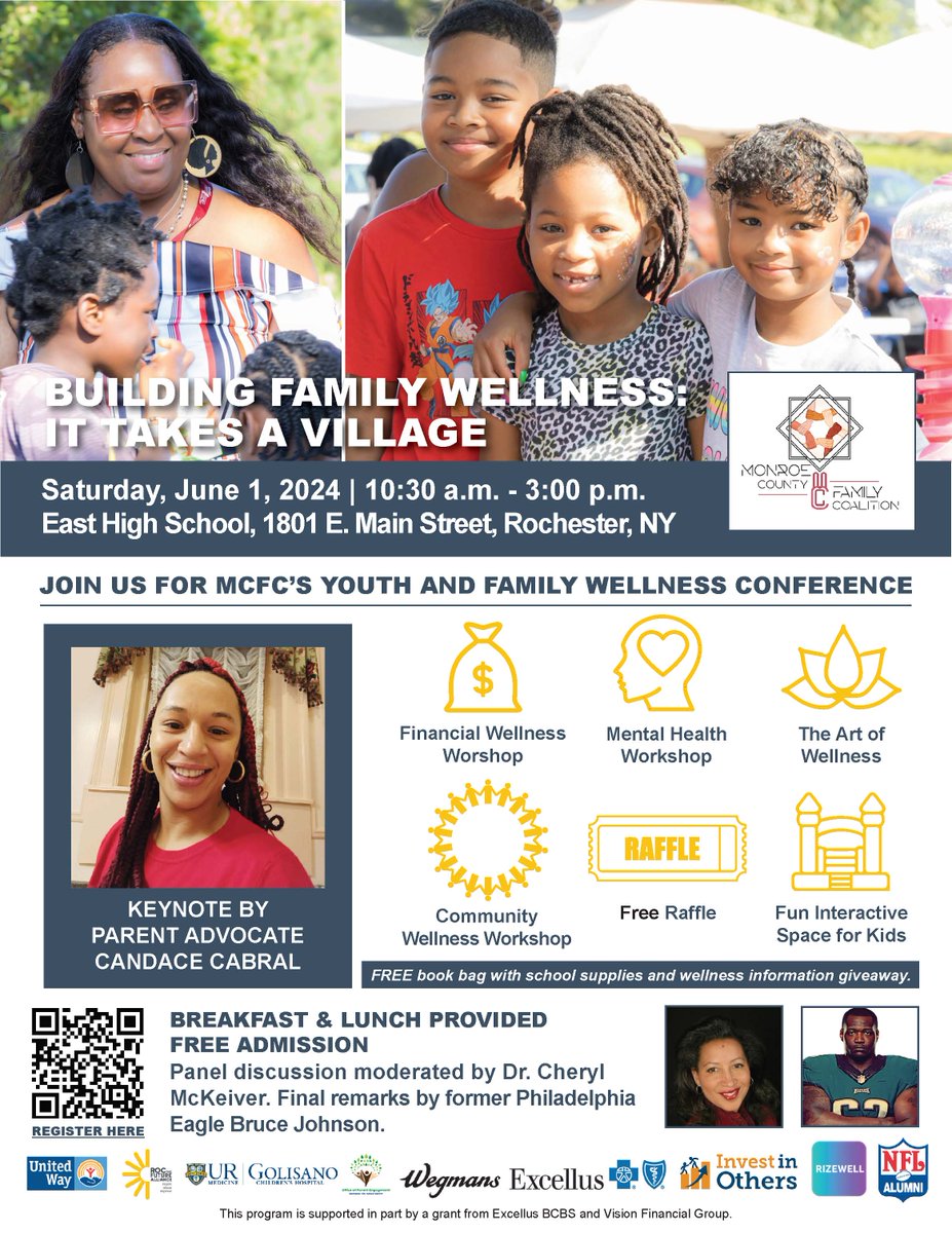 Don’t miss the Monroe County Family Coalition’s Youth and Family Wellness Conference! The theme of the conference is, 'Building Family Wellness: It Takes a Village.' 

Register today!

Day 1 (May 31) - 
docs.google.com/forms/d/e/1FAI…

Day 2 (June 1) - 
docs.google.com/forms/d/e/1FAI…