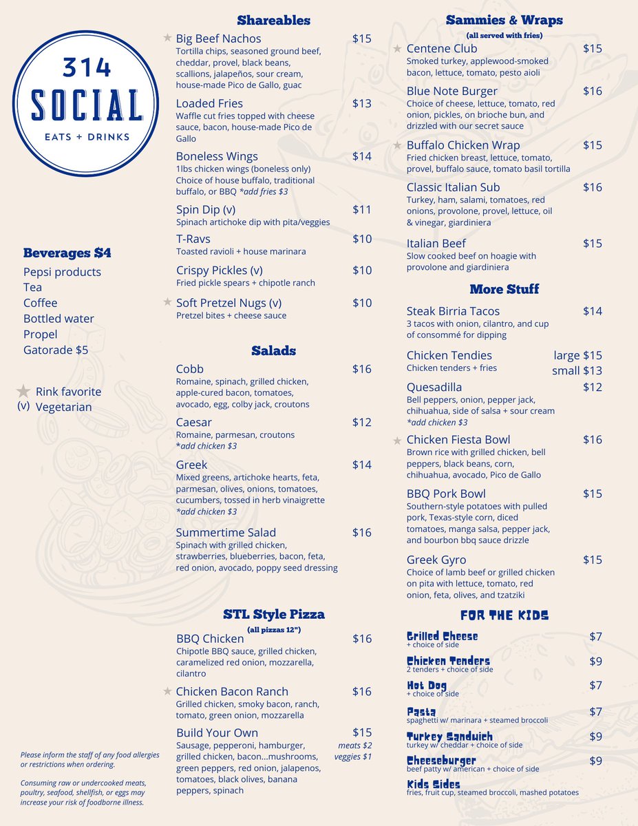 It's here! The spring menu for 314 Social, our in-house bar and restaurant, has arrived🍻The menu was crafted by Chef Blake Mahon who prepares meals for the @StLouisBlues when they train at Centene Community Ice Center.