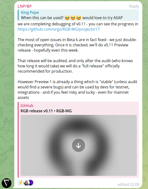 #RGB 

请先别激动！

RGB v0.11的测试版本周可能就上线了
github.com/orgs/RGB-WG/pr…