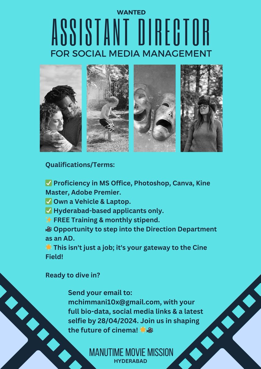 MChimmani's tweet photo. For #NewTalent !!
.
.
.
#FilmChance #AspiringADs #AD #AssistantDirector #NewAssistantDirector #FilmIndustry #CineField #MovieWorld #Yo #ManutimeMovieMission #ManoharChimmani #TeluguCinema #Tollywood https://t.co/Rw1s4VKgU8