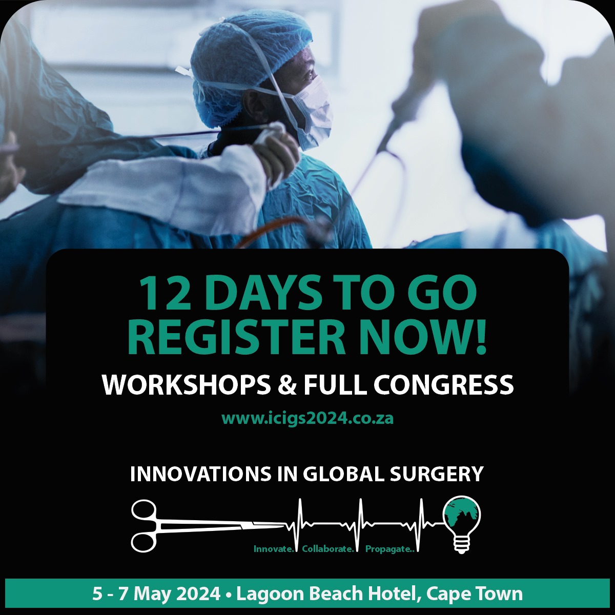 The countdown is on! We're officially gearing up for #ICIGS2024, where we explore 'Value-based innovation in Global Surgery'. 
Our congress aims to unite surgeons, anaesthetists, engineers, students, and more in shaping the future of surgical care! 🌍

 icigs2024.co.za/register