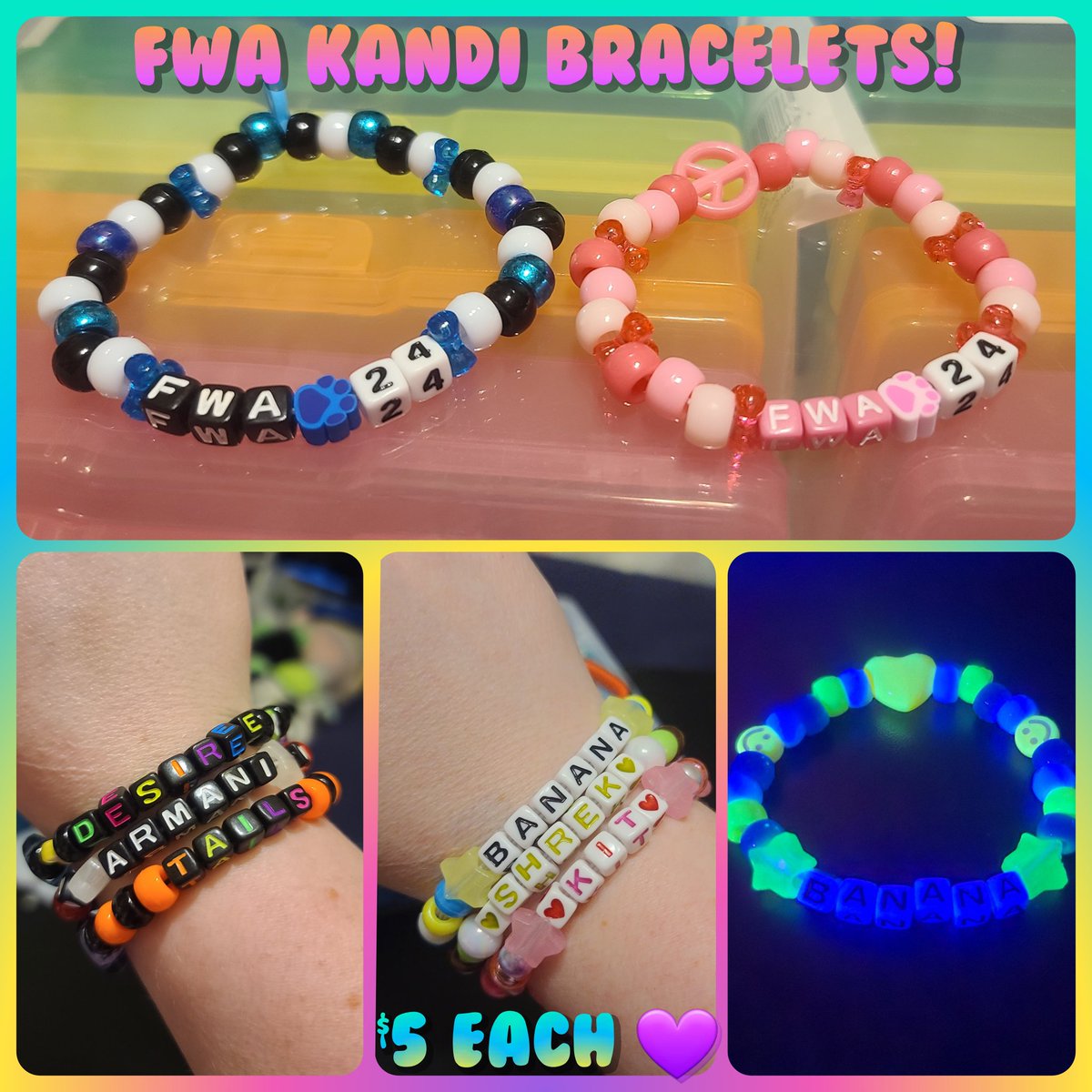 i'm making kandi bracelets for $5! anyone going to FWA who wants one? 🩷

i can do fursona names, words, phrases, etc! i have dozens of beads, including glow in the dark and uv reactive 👀

feel free to message me if interested in one or more! 🥰
#fwa #fwa2024 #furryweekend