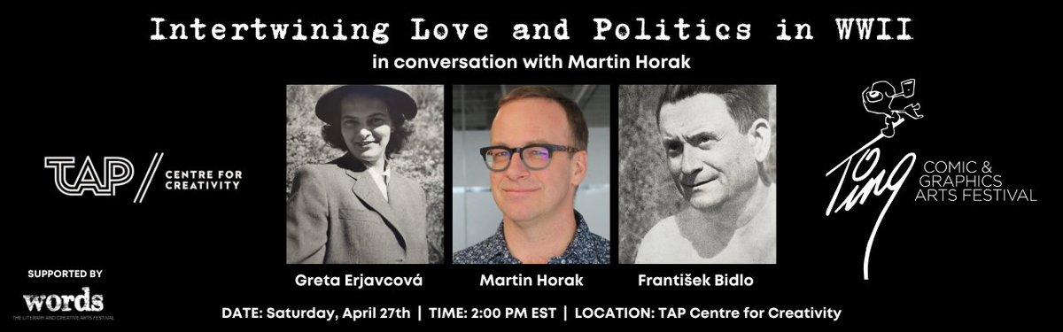 Join us @tapcreativityon as Martin Horak reaches into his family archive to share a WWII love story between political cartoonist František Bidlo & his grandmother Greta, a young anti-fascist activist. Join us online ➡️ zoom.us/webinar/regist… Onsite ➡️ tapcreativity.org/events/intertw…