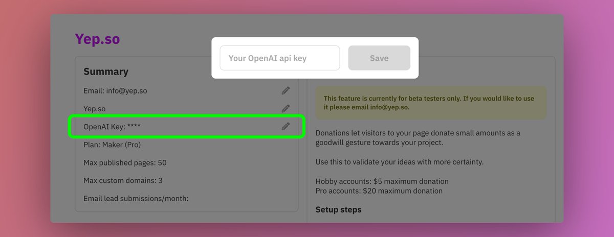 Bring Your Own Key!

Add your own OpenAI API key and create as much custom content and AI-generated images for your landing pages as you want!

Visit your profile page @ yep.so/profile