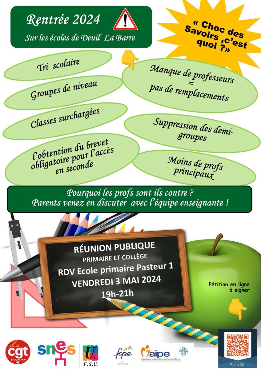 🚨 Réunion publique à Deuil La Barre pour informer les parents sur les dangers du #ChocDesSavoirs 

👉 RDV LE 3 MAI à 19h à l’école primaire Pasteur 1