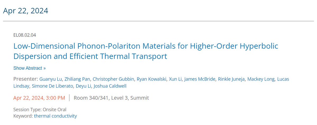 Guanyu Lu (@guanyu__lu) on Twitter photo Good morning, Seattle and Happy Earth Day! I am going to present "Low-Dimensional Phonon-Polariton Materials for Higher-Order Hyperbolic Dispersion and Efficient Thermal Transport" this afternoon at the <a href="/Materials_MRS/">Materials Research Society (MRS)</a> Spring Meeting. Welcome to attend if you are also at #S24MRS! Good morning, Seattle and Happy Earth Day! I am going to present "Low-Dimensional Phonon-Polariton Materials for Higher-Order Hyperbolic Dispersion and Efficient Thermal Transport" this afternoon at the <a href="/Materials_MRS/">Materials Research Society (MRS)</a> Spring Meeting. Welcome to attend if you are also at #S24MRS!