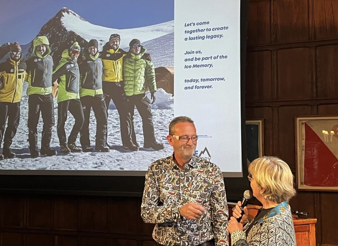 .@ChappellazJ - newly fellow of the @ExplorersClub &Chair of the #IceMemory Foundation & Anne-Catherine Ohlmann - Executive Director showcased the latest ice memory news from the field in front of a mesmerized audience of explorers. Thank you for your support! #ecad2024