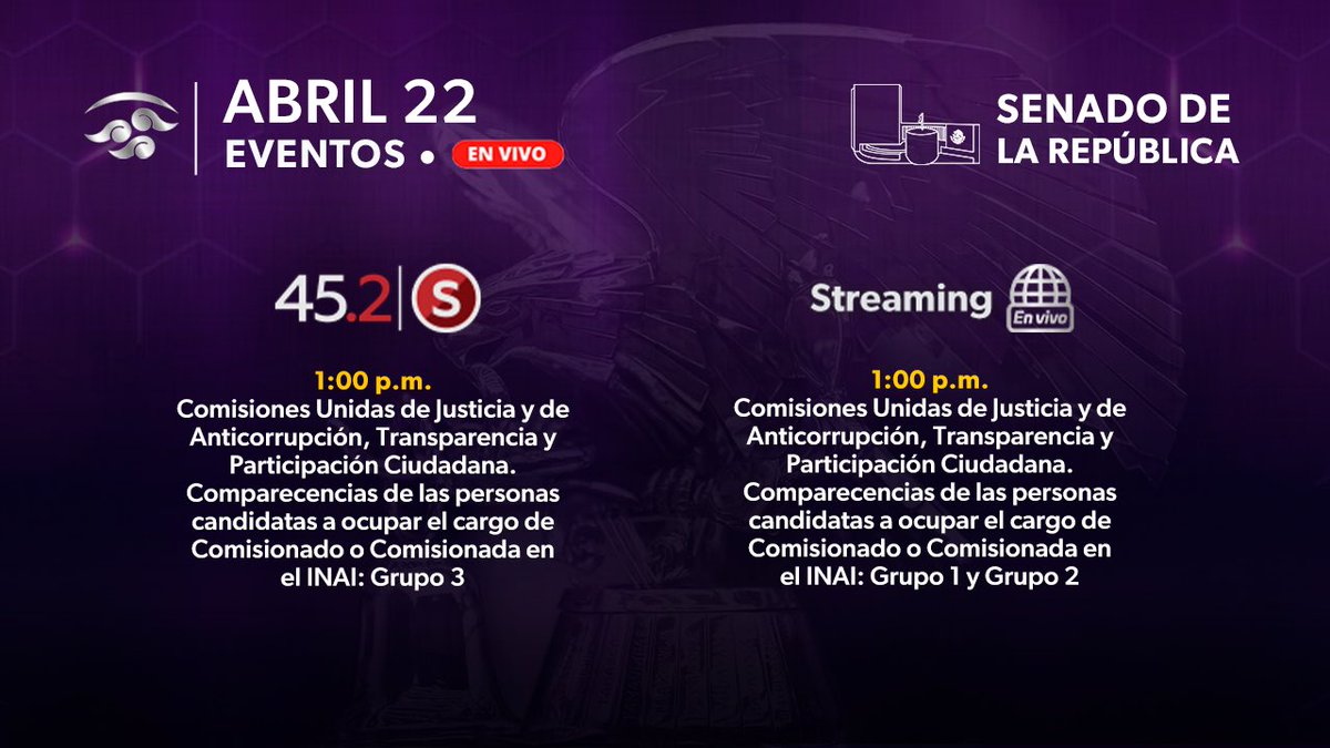 #FelizLunes Hoy podrás seguir las comparecencias de candidatos a Comisionada o Comisionado del @INAImexico cutt.ly/ChMSPxk