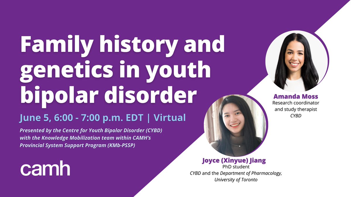 Join this June 5th webinar to learn about the importance of family history and genetics in bipolar disorder and about the value of integrating families in the treatment of #youth with #bipolar disorder!

Register today: kmb.camh.ca/eenet/events/w…

#MentalHealthisHealth
#researchers