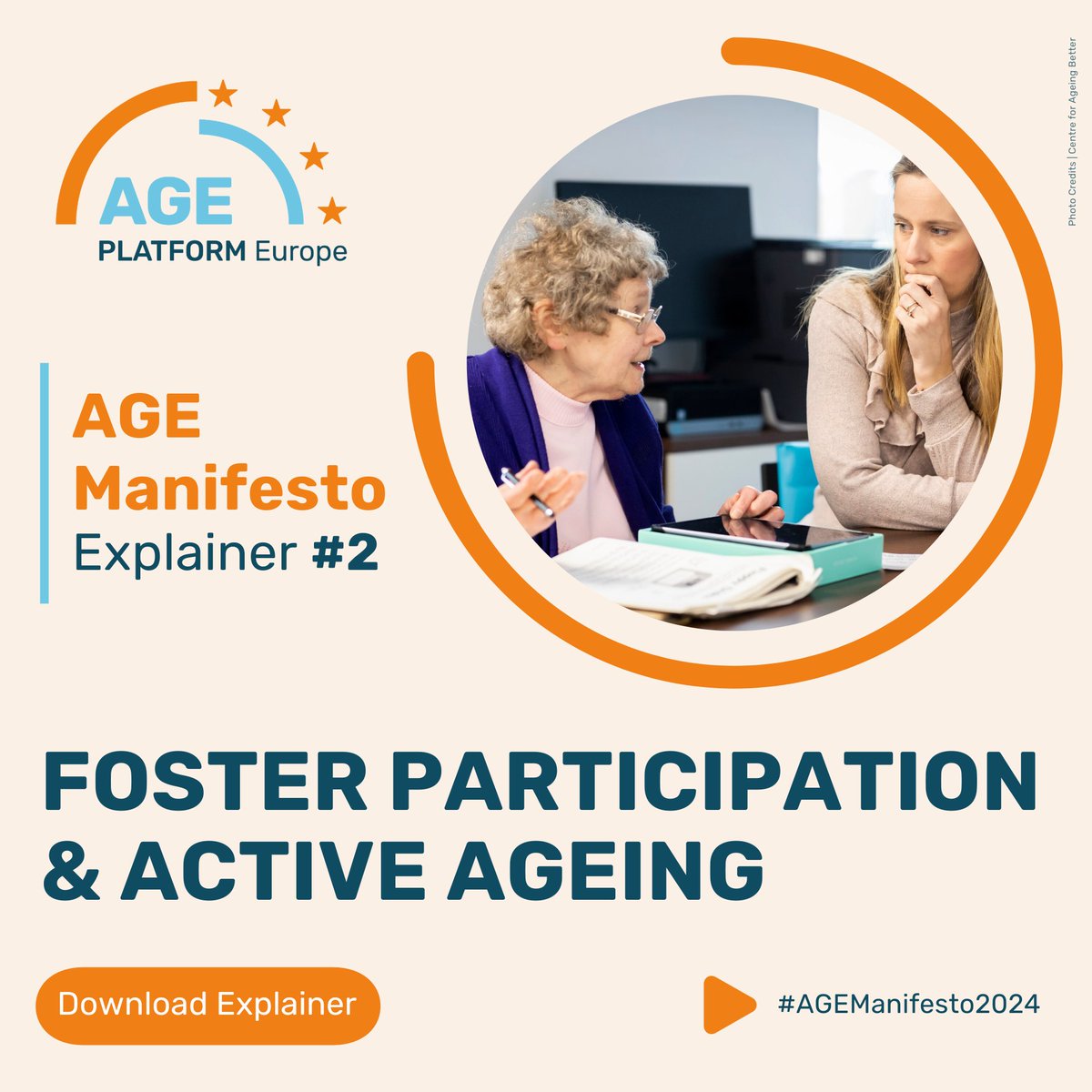 🆕Our 2️⃣nd Manifesto Explainer is out, focusing on Fostering participation and #activeageing We examine what #activeageing means, why fostering participation in old age is important, and what we need at the EU level to achieve it. 📖 bit.ly/AGEManifestoEx… #AGEManifesto2024