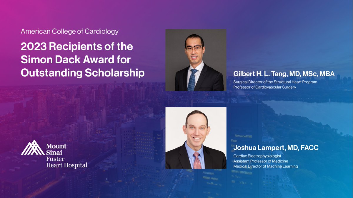We are thrilled to announce that @GilbertTangMD and @joshualampertmd have been honored with the prestigious 2023 Simon Dack Award for Outstanding Scholarship, recognizing their contributions to the mission of @JACCJournals: mshs.co/49Cs8A8 @ACCinTouch #CardioX