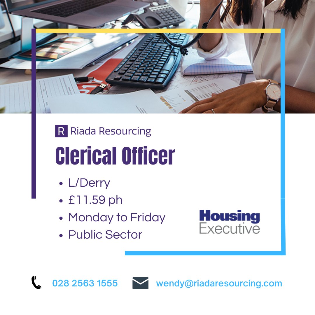 Clerical Officer - L/Derry 📍 Join Housing Executive and secure an immediate full time role in the Public Sector 📲 vacancies.riadaresourcing.com/vacancies/3433… #nijobs