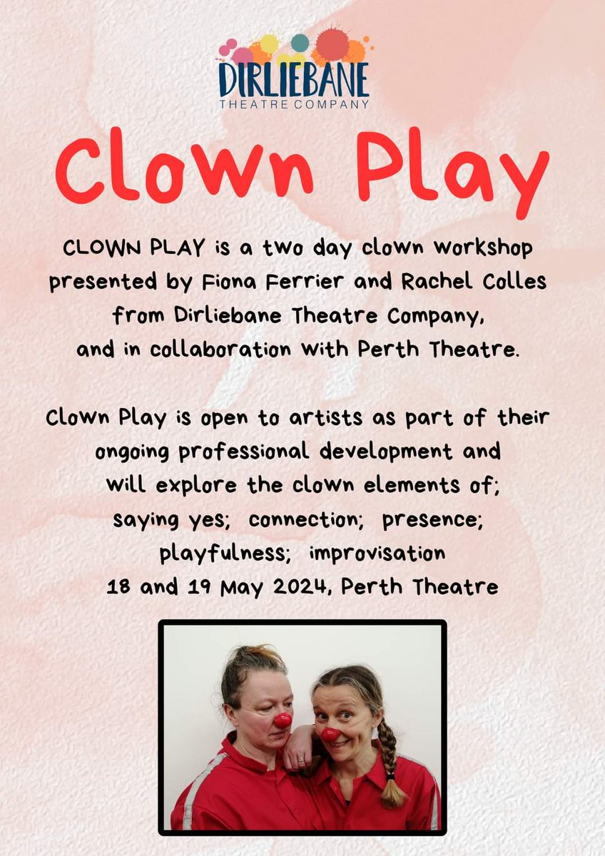 We are thrilled to be inviting <a href="/DirlbaneTheatre/">Dirliebane Theatre Company</a> back to the theatre for a two day clown workshop, led by Fiona and Rachel, two of the lovely people behind Laaaunch! Fancy learning the art of clownery? See the link in our bio to book tickets!