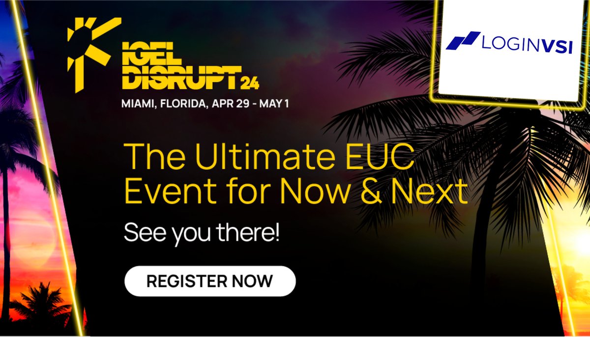 We are just 1 week away from #Disrupt24 and are so excited to join everyone in Miami for all things EUC!

Want to meet us there? Shoot @john_vigeant or @RonOglesby a message! 📩

Register today! hubs.ly/Q02tCzXt0 

#LoginVSI #LoginEnterprise #igel #igeltech #EUC #VDI #DaaS