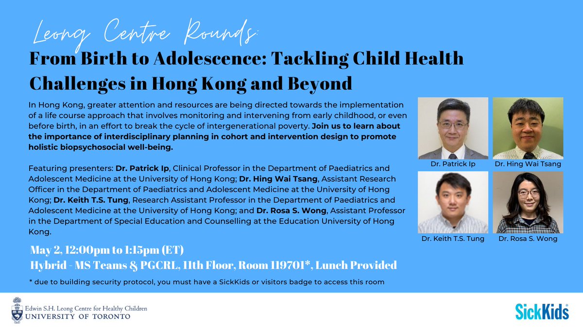 📣What are the biopsychosocial mechanisms that make disadvantaged #children vulnerable and how can interdisciplinary research help improve their #health? Learn more at the @LeongCentre Rounds on May 2, featuring Dr. Patrick Ip and colleagues from @hkumed: leongcentre.utoronto.ca/event/leong-ce…