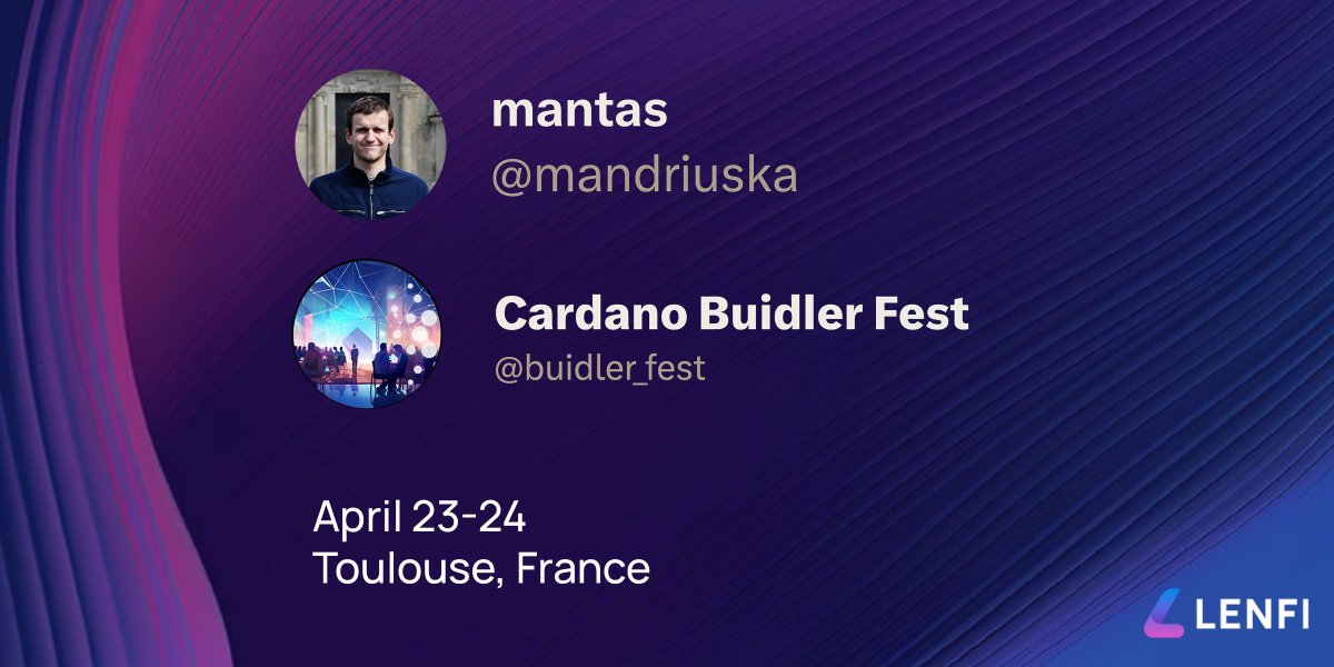 🇫🇷 @mandriuska, our main developer, will represent Lenfi at the @buidler_fest Cardano Buidler Fest in Toulouse on April 23-24 This 2-day event designed for tech-savvy Cardano builders to connect, showcase, and share their innovative projects