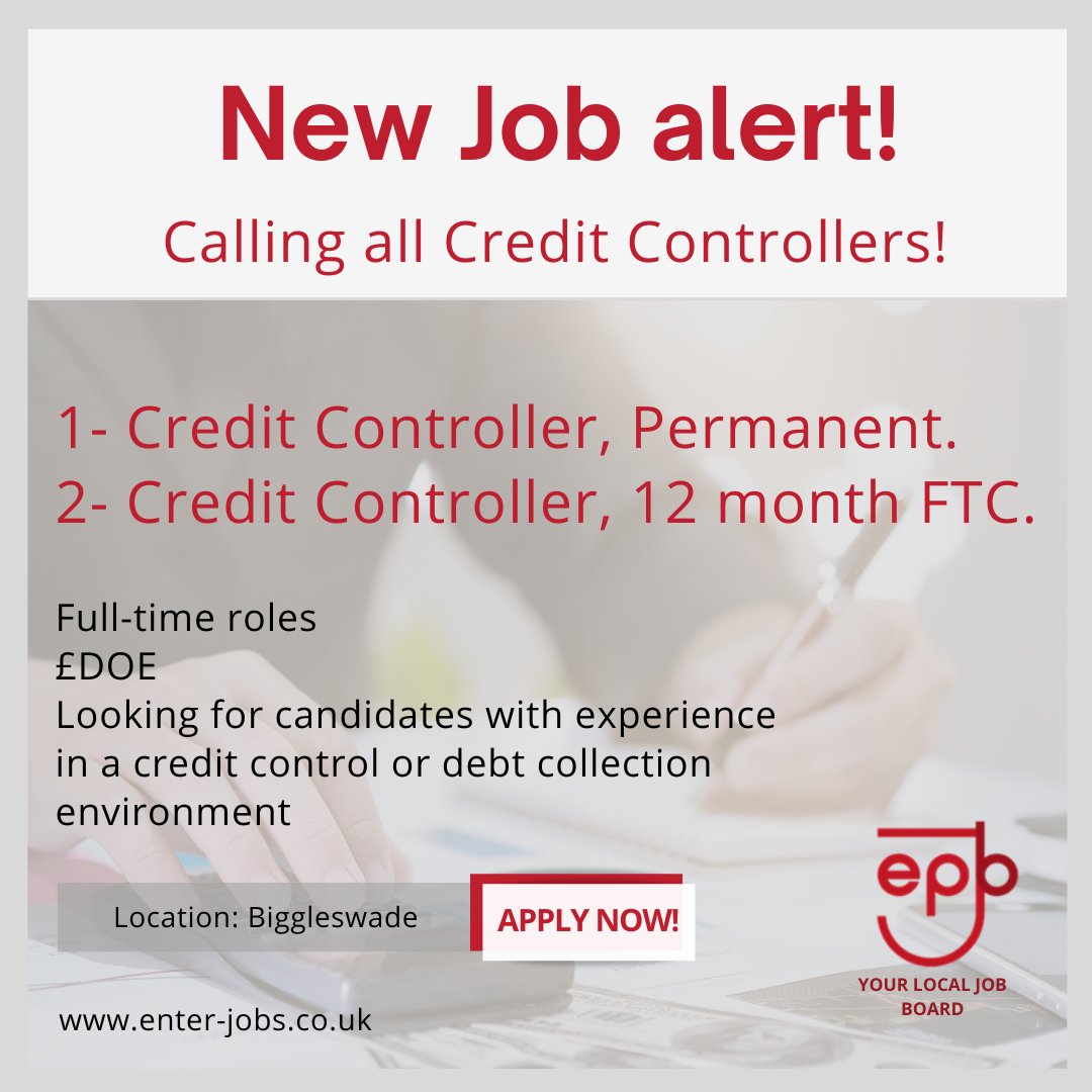 Do you have credit control experience?
Check out these great roles from Enterprise Personnel!
Apply now via our website enter-jobs.co.uk

#CreditController #creditcontrol #financejobs #bedfordshire #fulltimejob #permanentjobs #FTC #contractjobs #hiringalert