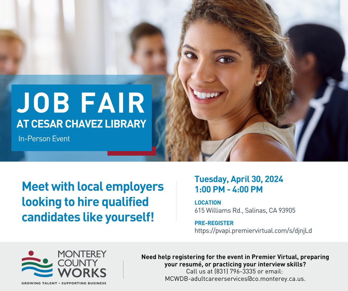 Looking for a job in Monterey County? Join the Works Job Fair at Cesar Chavez Library on 4/30 from 1-4PM! Meet employers & explore opportunities. Pre-register NOW: pvapi.premiervirtual.com/s/djnjLd  #MontereyCountyWorks #CAJobFair #JobFair #Careers #HiringEvent #JobsNow #FindAJob