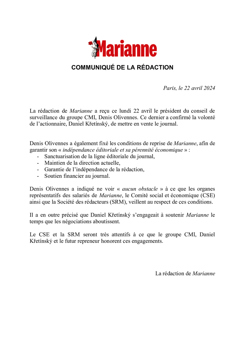 Un communiqué de la rédaction de <a href="/MarianneleMag/">Marianne</a>, au sujet de la mise en vente du journal, ainsi que des conditions de garantie de son indépendance éditoriale et de sa pérennité économique.
