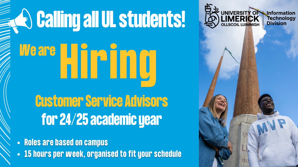 Looking for a part-time job that fits your college schedule?💻😃 Join the ITD Service Desk team as a Customer Service Advisor for the 24/25 academic year! 😊 Closing date May 15th🗓️. Applicants must be enrolled in UL for the entire 24/25 academic year. Apply now! #linkinbio