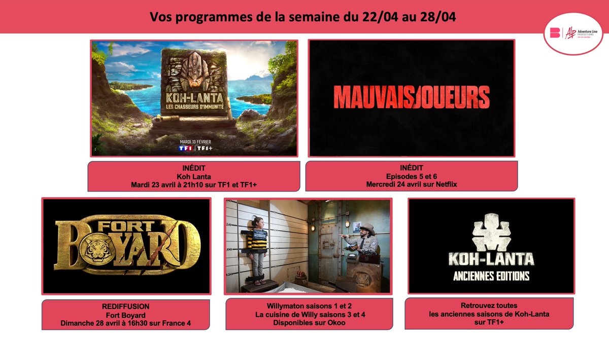 📅Cette semaine :
📿#KohLanta présentée par @DenisBrogniart sur @TF1 et @tf1plus 
📿#KohLanta sur @tf1plus 
⚡️#MauvaisJoueurs sur @NetflixFR 
🗝️#FortBoyard sur France 4
🤢#lacuisinedewilly et #willymaton sur le site de @FranceTV