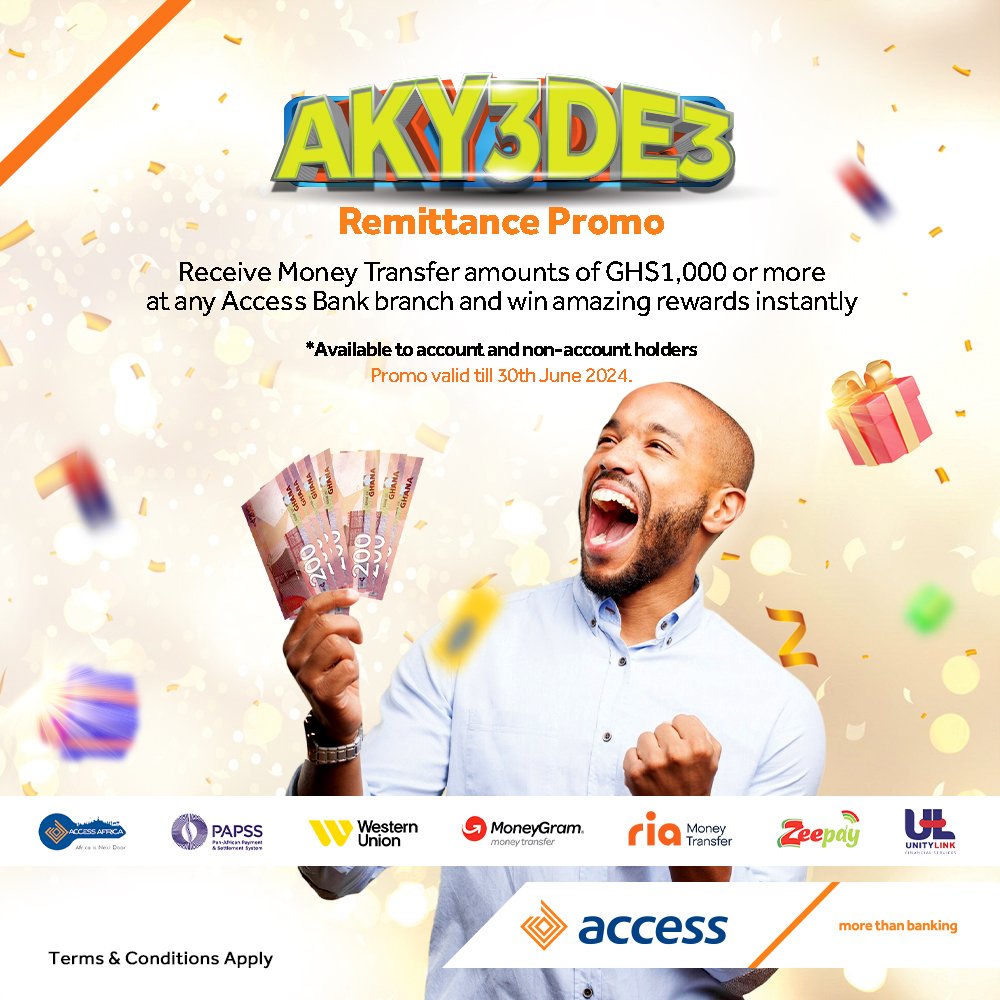 The Aky3de3 Remittance Promo is on!!! Receive GHS 1,000 or more at any Access Bank branch and win amazing prizes. Remember, promo runs from now till 30th June 2024. #Aky3de3PromoRemittance #MoreThanBanking #AccessBankGhana