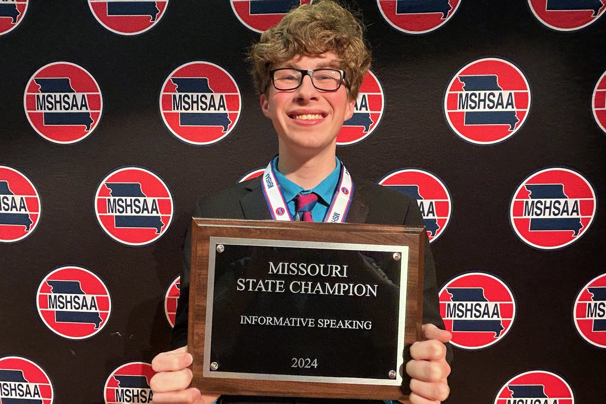 RockhurstHS's tweet photo. At the MSHSAA Speech, Debate &amp; Theatre Championships, Rockhurst had three event finalists - including one STATE CHAMPION!

Luke Fitzsimmons '24 is State Champ in Informative Speaking, becoming the 20th Speech &amp; Debate State Champ in RHS history, and the first in this event!
(1/2) https://t.co/V6jzOHl38q