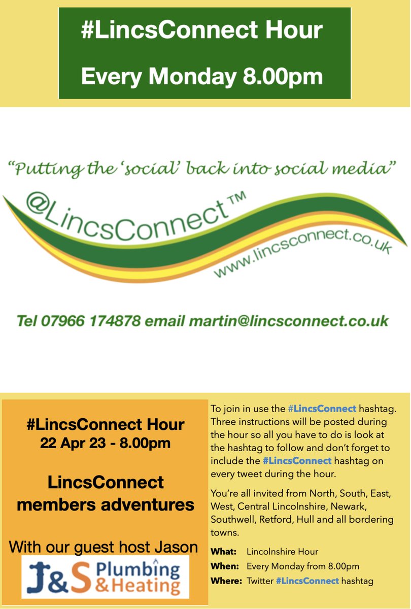 Monday 22 April - the #LincsConnect Hour will be hosted by @JASPlumbLincs - I hope you can join us @clkbooks @nextotheheart1 @cate_a_moore @RateMySausage @tracyfbaines @MelLangtonArt @Mel_Standbrook @SWEuronics @captureasecond @TCEmmaSavage @Staplefordtrain @YMCALincs