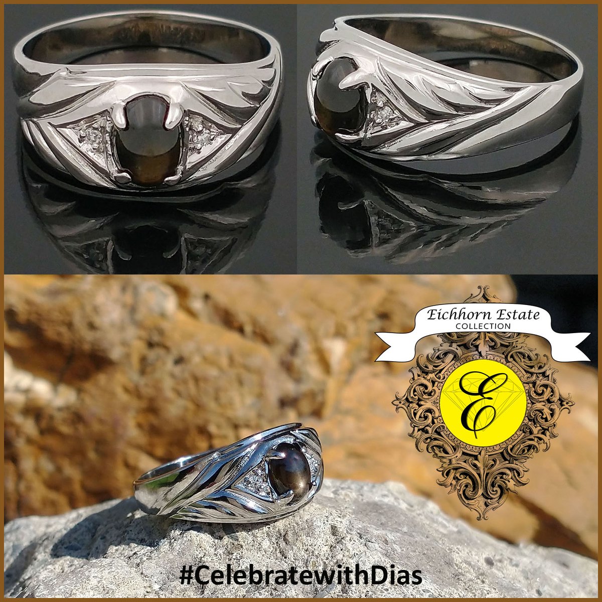 10K white gold Ring with an oval Natural Black Star Sapphire and 2 single-cut Diamonds, finger size 11. From Our Estate Collection $500. eichhornjewelry.com/estate-collect… #start2sparkle #alwaysthinkDIAMONDS #eichhornglow #1diamondatatime #CelebratewithDias #ColorWithYourDias