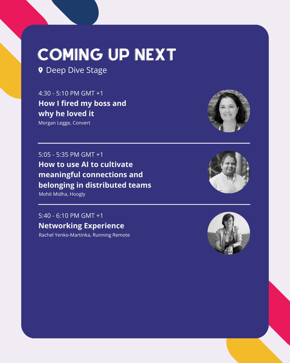 Our last sessions today on the Deep Dive Stage: 🌱 How I fired my boss and why he loved it - @morganleggeYUL 🌱 How to use AI to cultivate meaningful connections in distributed teams - @midhamohit 🌱 Networking Experience - @rymrawrz Join here: runningremote.com/virtual-venue/ #RR2024